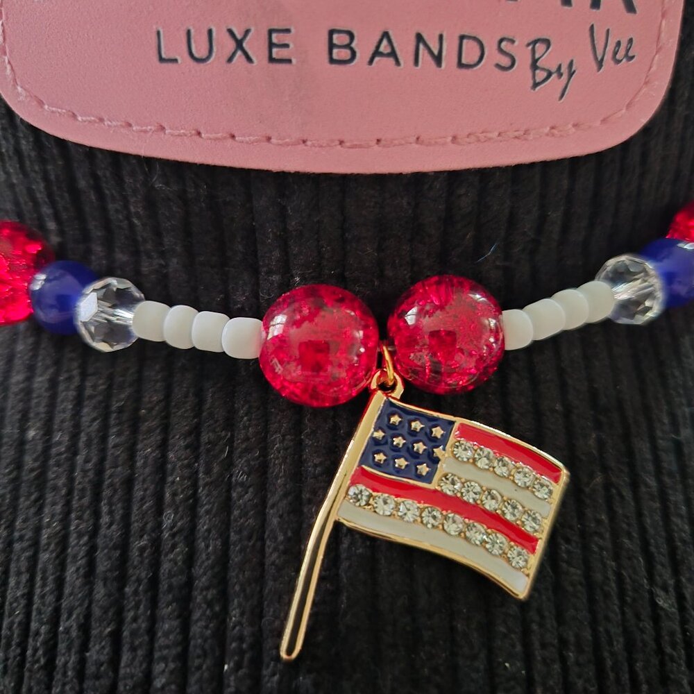 Handmade Patriotic Hat Band – Crystal Beads & Flag Charm – Western Style